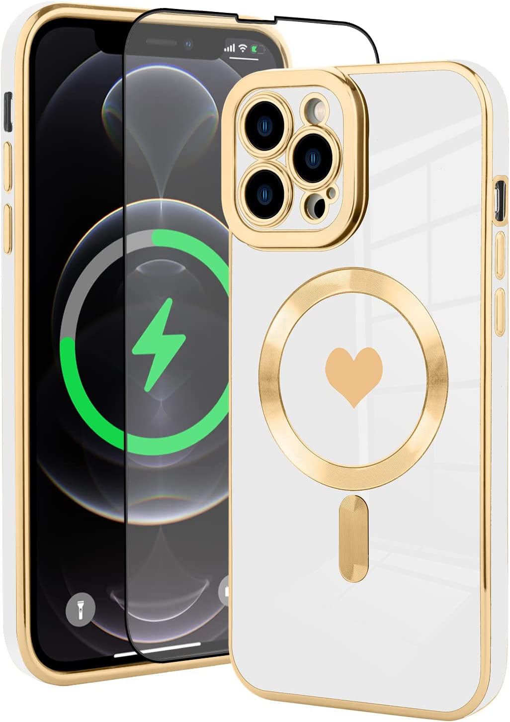 Fiyart Magnetic Case for Iphone 12 Pro Max Compatible with Magsafe Wireless Charging,Cute Love Heart Phone Case with Camera Screen Protector for Women Girls Men for Iphone 12 Pro Max 6.7"- White  Fiyart   