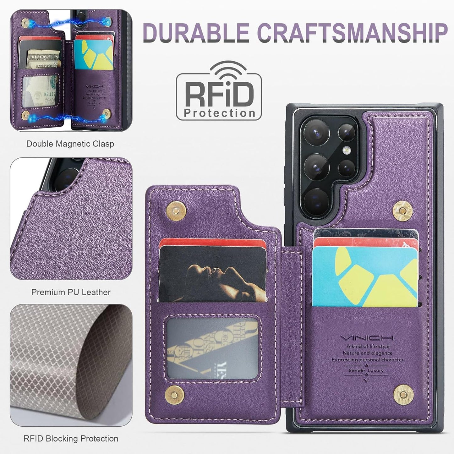 Vinich Samsung Galaxy S22 Ultra Case with Card Holder, Samsung S22 Ultra Wallet Case for Women Men with RFID Blocking, Durable Kickstand Shockproof Phone Case for Galaxy S22 Ultra 5G, Purple  Vinich   