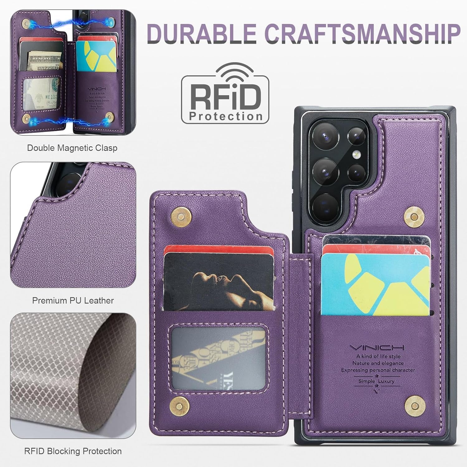 Vinich Samsung Galaxy S22 Ultra Case with Card Holder, Samsung S22 Ultra Wallet Case for Women Men with RFID Blocking, Durable Kickstand Shockproof Phone Case for Galaxy S22 Ultra 5G, Purple  Vinich   