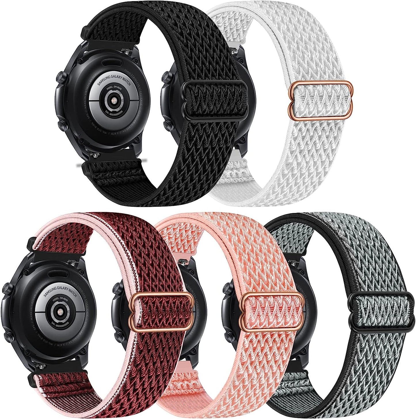 22Mm Bands Compatible with Samsung Galaxy Watch 3 45Mm Band/Galaxy Watch 46Mm/Gear S3 Frontier, Stretchy Adjustable Elastic Nylon Woven Sport Loop 22Mm Wristband for Men Women, 5 Packs  HPJK Black/Grey/Pink/Red/White  