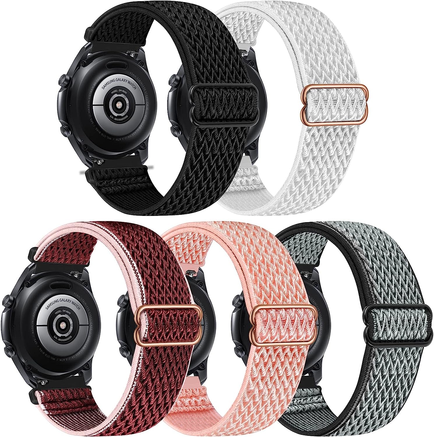 22Mm Bands Compatible with Samsung Galaxy Watch 3 45Mm Band/Galaxy Watch 46Mm/Gear S3 Frontier, Stretchy Adjustable Elastic Nylon Woven Sport Loop 22Mm Wristband for Men Women, 5 Packs  HPJK Black/Grey/Pink/Red/White  