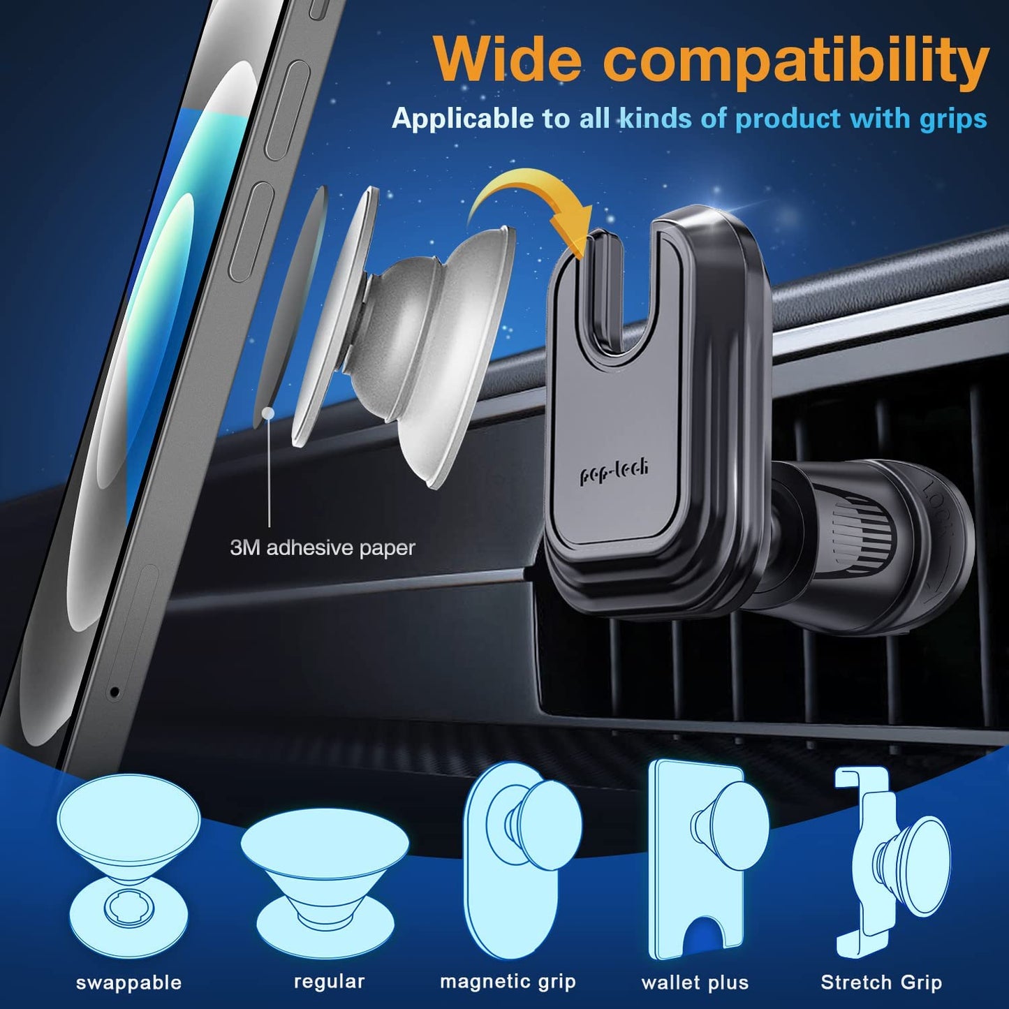 Pop-Tech Car Vent Phone Mount for Socket Grip, Air Vent Clip Phone Holder Compatible with Magsafe Wallet Black & Iphone Samsung Card Holder, Cell Phone Stand with Sticky Adhesive  pop-tech   