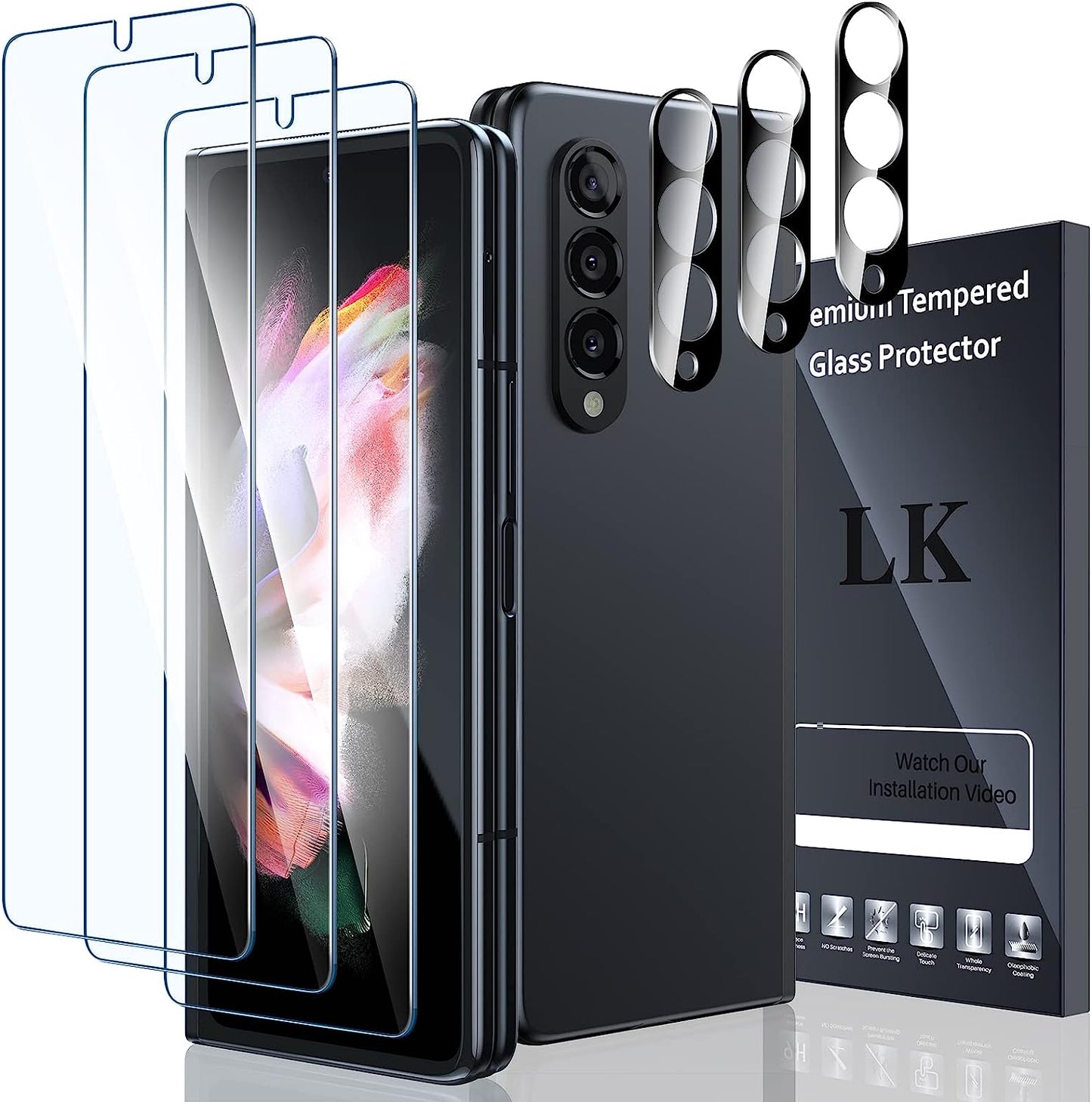 LK [3+3 Pack] 3 Pack Samsung Galaxy Z Fold 3 5G Front Screen Protector with 3 Pack Camera Lens Protector, Anti-Scratch, Hd-Ultra, Easy Installation 9H Hardness Tempered Glass for Galaxy Z Fold 3  LK   