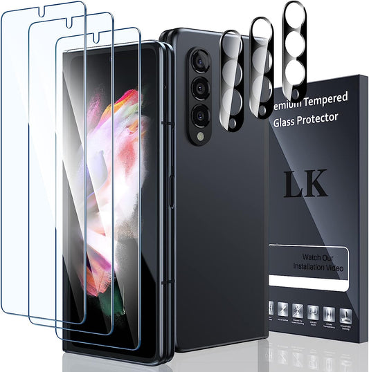 LK [3+3 Pack] 3 Pack Samsung Galaxy Z Fold 3 5G Front Screen Protector with 3 Pack Camera Lens Protector, Anti-Scratch, Hd-Ultra, Easy Installation 9H Hardness Tempered Glass for Galaxy Z Fold 3  LK   