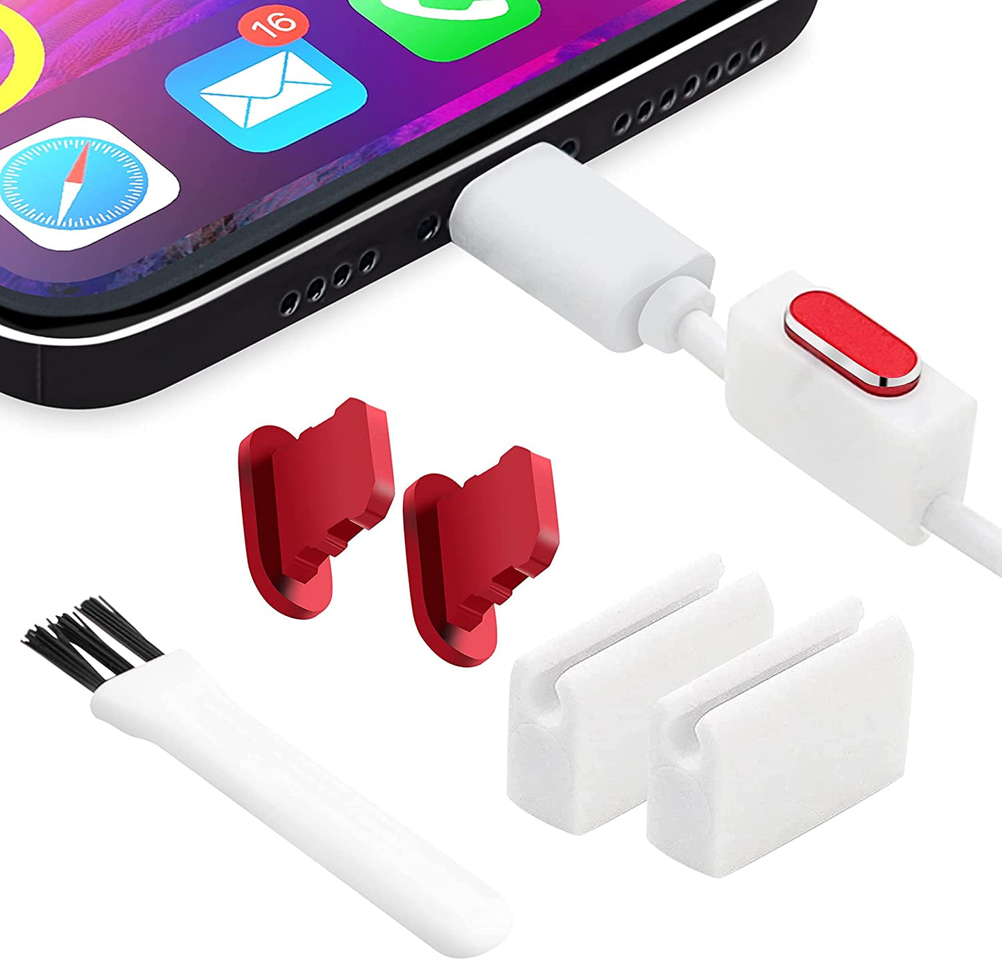 Portplugs Anti-Dust Plugs (2-Pack) Compatible with Iphone 14/13/12/11/X/XS/8/7, Plus/Max/Pro/Mini, Ipad - Aluminum, Includes 2 Holders & Cleaning Brush (Black)  PortPlugs Red  
