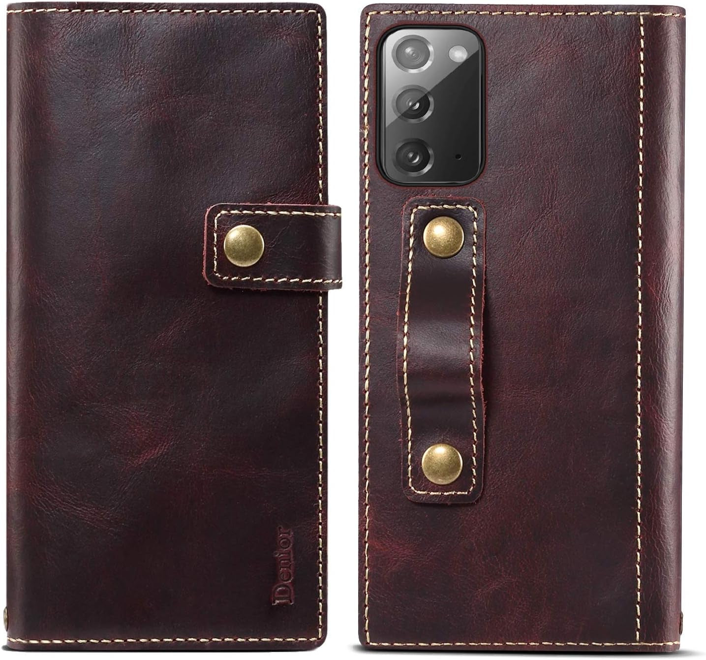 Kowauri Galaxy Note 20 Ultra Case, Magnet Snap Type Genuine Leather Wallet Case with Hand Strap [Card Holder] Stand Flip Cover Case for Samsung Galaxy Note 20 Ultra 5G 6.9 Inch (Brown)  Kowauri Wine Red  