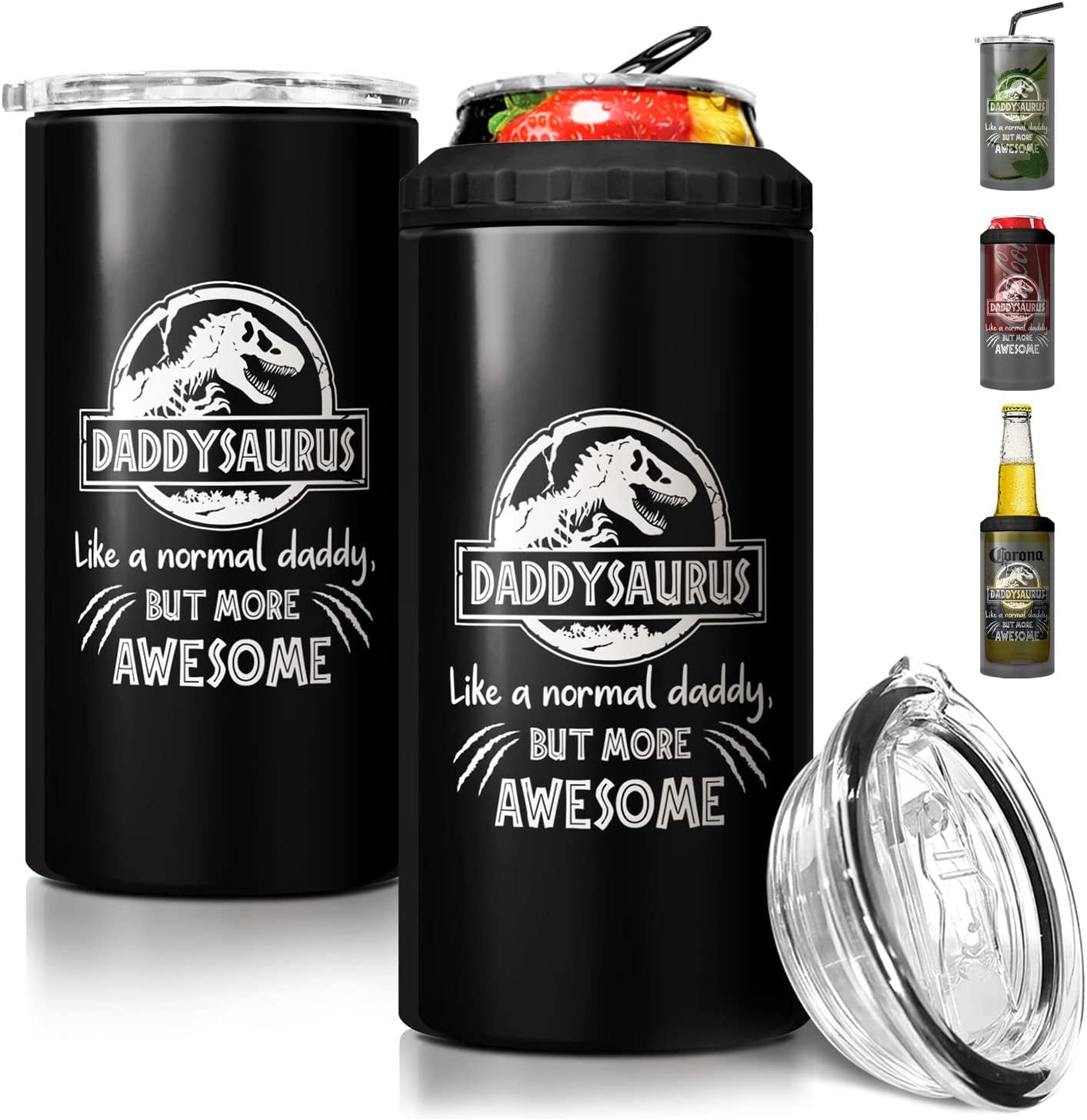 SANDJEST 4-In-1 Best Dad Ever Tumbler Gifts for Dad from Daughter Son - 12Oz Dad Can Cooler Tumblers Travel Mug Cup - Stainless Steel Insulated Cans Coozie Christmas, Birthday, Father'S Day Gift  SANDJEST Daddysaurus - Black  