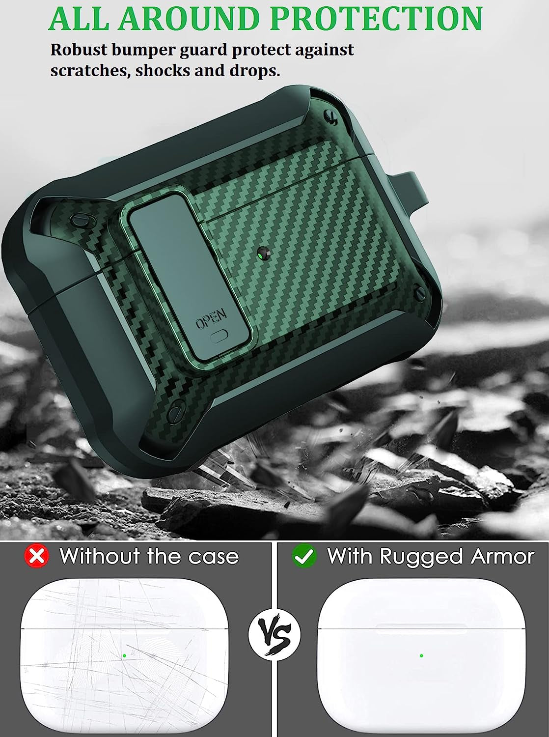 [4 in 1] Airpods Pro 2 Gen/Pro Case Lock with Cleaner Kit&Replacement Ear Tips(S/M/L), Olytop Rugged Airpod Pro 2Nd/1St Generation Protective Cover for Ipod Pro 2019/2022 with Keychain, Army Green  Olytop   