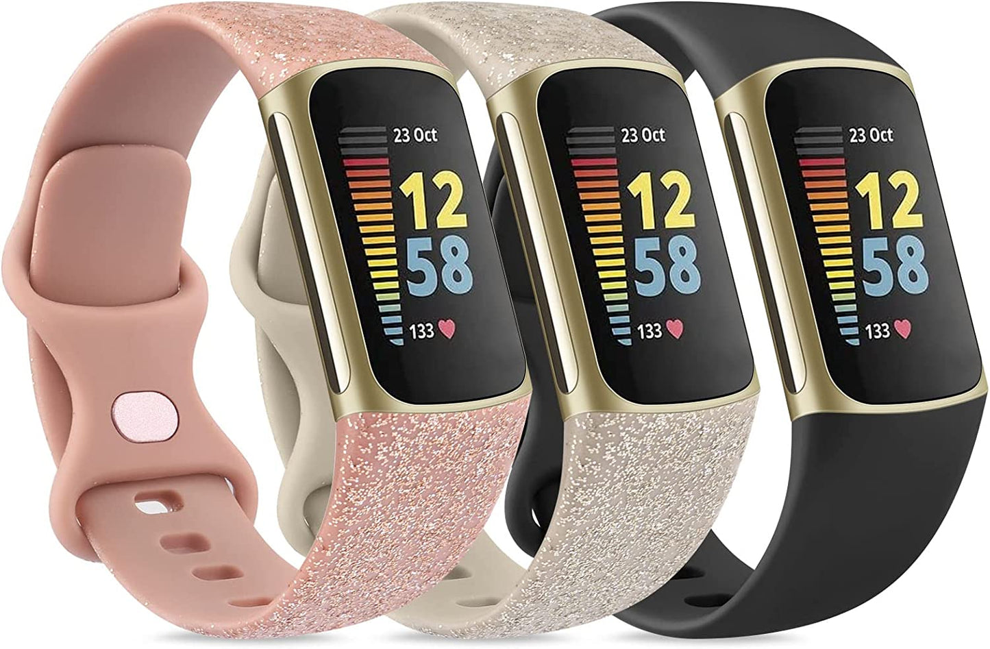 3 Pack Sport Bands Compatible with Fitbit Charge 5 Bands for Women Men, Classic Soft Silicone Replacement Wristbands for Fitbit Charge 5 Fitness Tracker (Small,Rose Gold/Champagne Gold/Wine Red)  AK Glistening Rose Gold/Glistening Champagne Gold/Black Small 