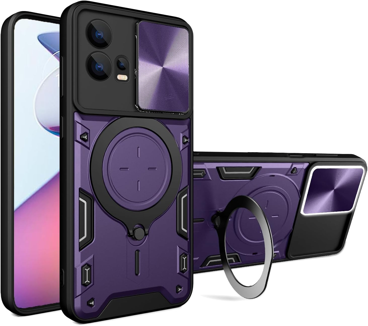 Xbs-Better Hybrid Heavy Duty Bumper Cover with Slide Camera Lens Cover with Built-In 360° Flexible Rotate Holder Magnetic Plate Kickstand Case for Motorola Edge 30 Fusion/S30 Pro-Red  XBS-Better Dark Purple  