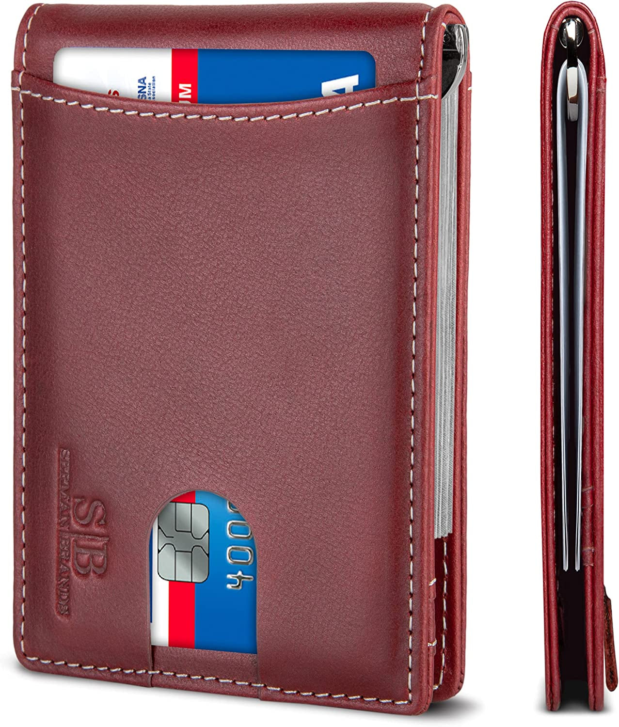SERMAN BRANDS RFID Blocking Slim Bifold Genuine Leather Minimalist Front Pocket Wallets for Men with Money Clip Thin Mens  SERMAN BRANDS Mahogany 1.0  