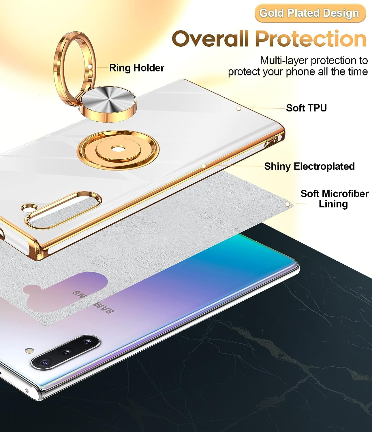 Leyi for Samsung Galaxy Note 10 Case 360° Rotatable Ring Holder Magnetic Kickstand, Plating Rose Gold Edge Protective Case [ Not Applicable Note 10 Plus], White  LeYi   