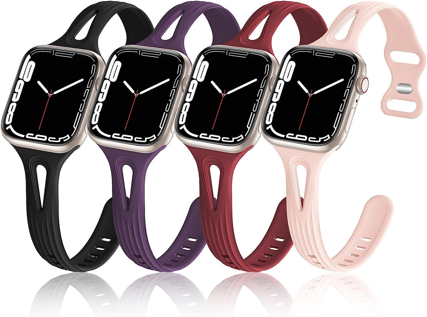 4 Pack Bands Compatible with Apple Watch Band 40Mm 38Mm 41Mm 42Mm 44Mm 45Mm for Women, Slim Thin Narrow Replacement Wristbands Soft Silicone Sport Strap for Iwatch Band Series 8 7 6 5 4 3 2 1 SE  Hehighti Black/Dark Purple/Sand Pink/Wine Red 42mm/44mm/45mm/49mm 