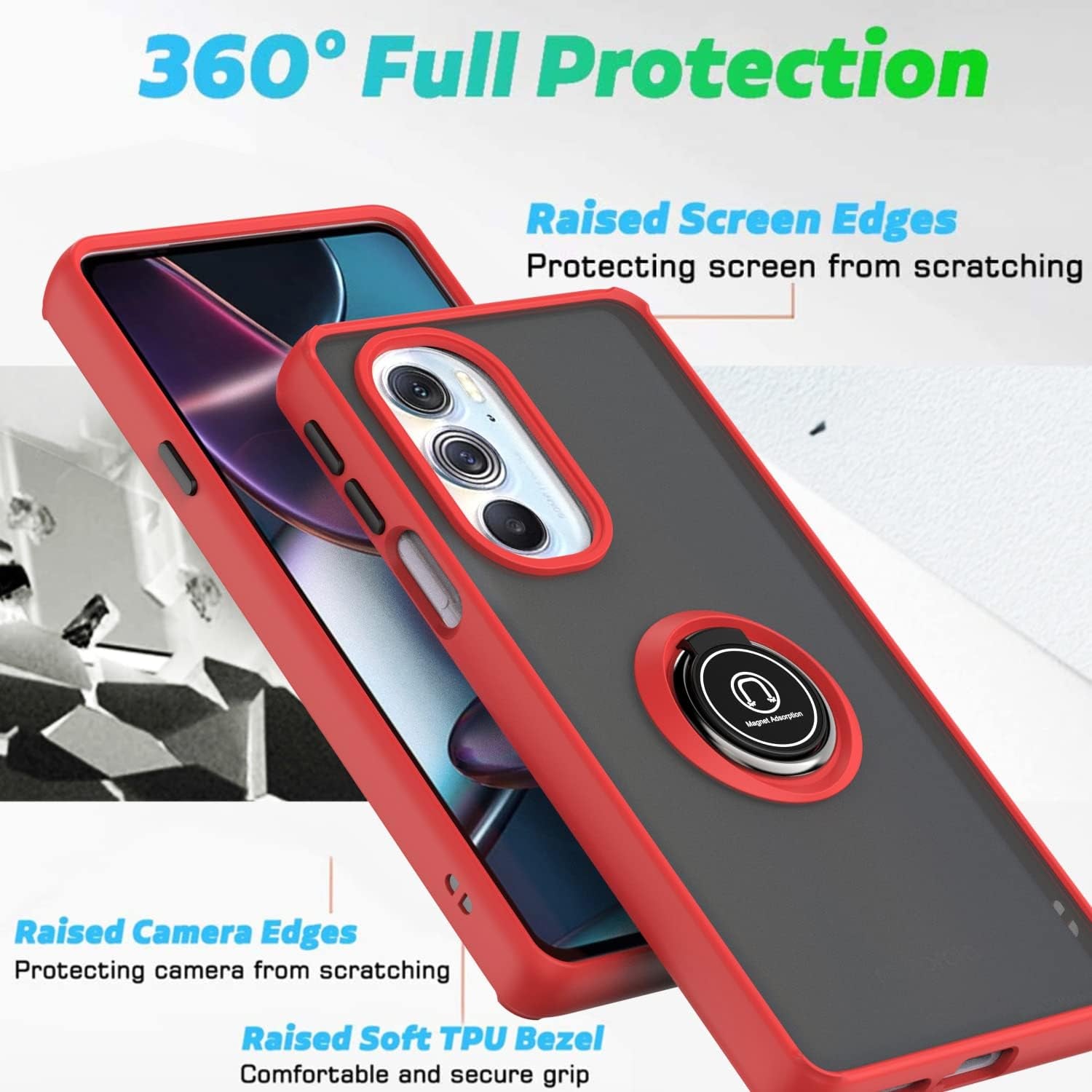 TJS for Motorola Moto Edge plus 2022 / Moto Edge+ 5G UW 2022 / XT2201 / Edge 30 Pro Case with Tempered Glass Screen Protector Metal Ring Kickstand Magnetic Support Protection Phone Case (Light Blue)  TJS   