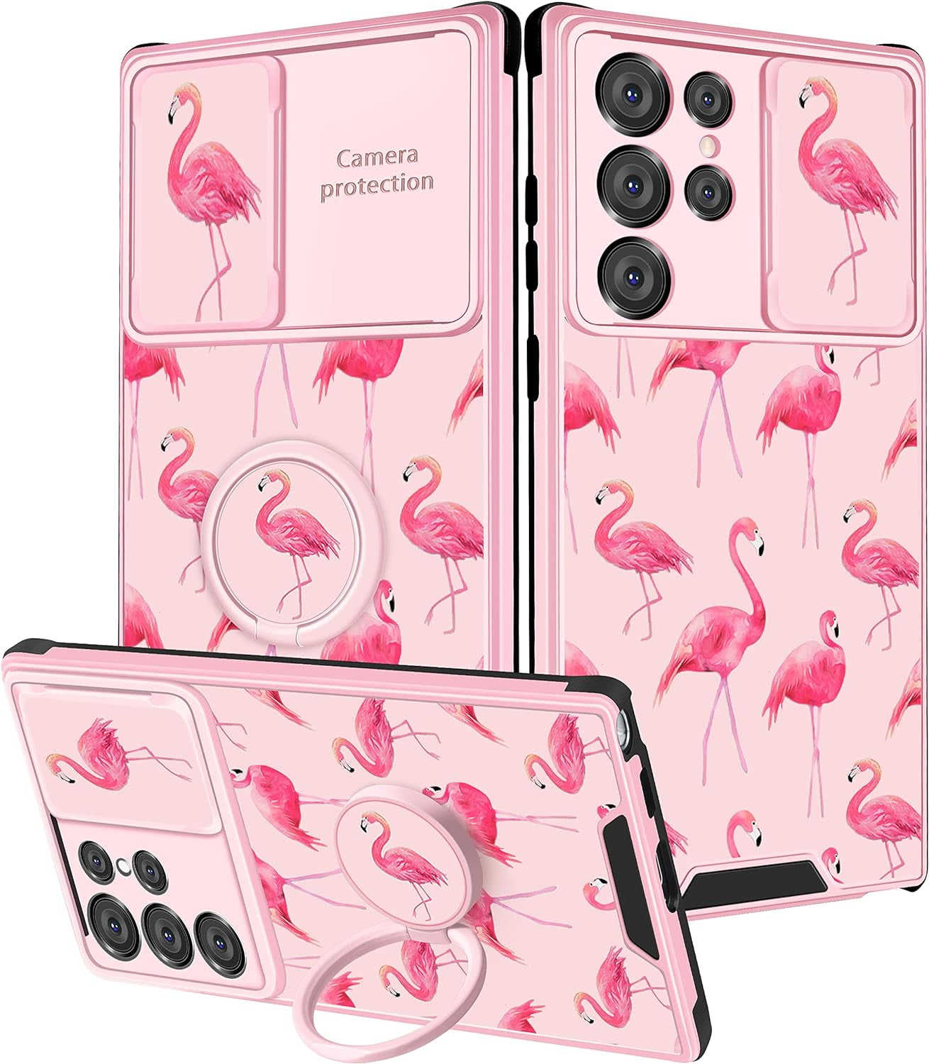 Goocrux (2In1 for Samsung Galaxy S22 Ultra Case Sunflower Floral for Women Girls Girly Phone Cover Cute Flowers Design with Slide Camera Cover+Ring Holder Unique Blue Cases for Galaxy S22 Ultra 6.8''  Goocrux Pink Flamingo  