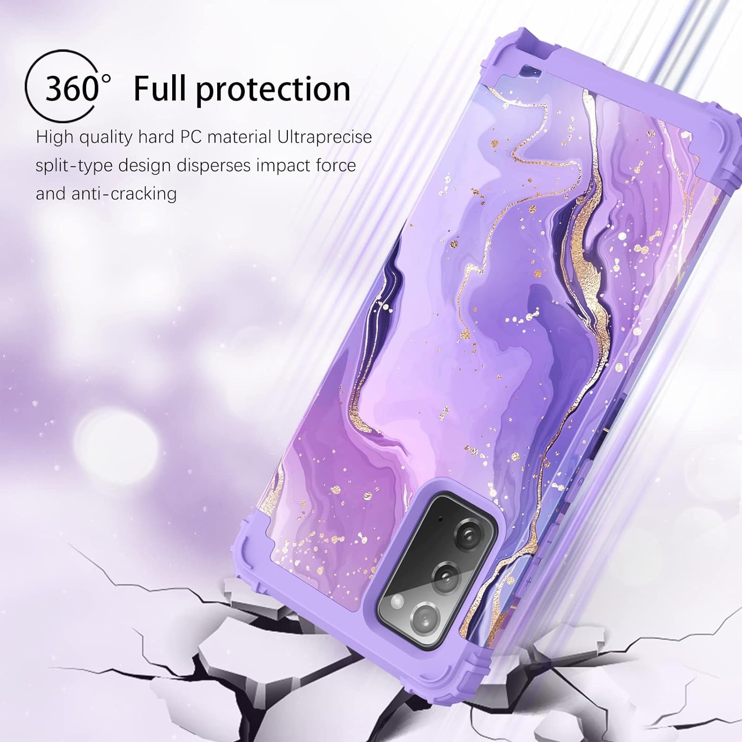 DUEDUE for Samsung Galaxy Note 20 Case, Marble Pattern Heavy Duty Rugged Shockproof Drop Protection 3 in 1 Hybrid Hard PC Cover Soft Silicone Bumper Phone Case for Samsung Note 20, Purple/Marble  DUEDUE   