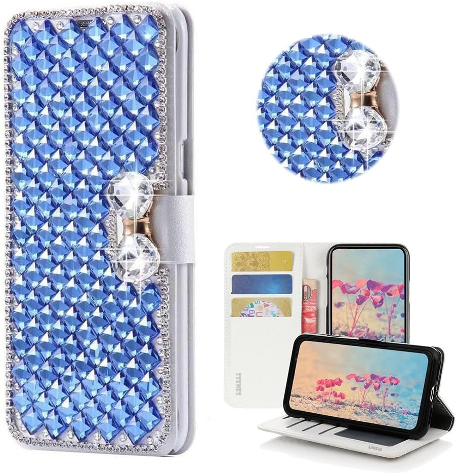 STENES LG G6 Case, LG G6 plus Case - STYLISH - 3D Handmade Bling Crystal Square Lattice Bowknot Wallet Credit Card Slots Fold Stand Leather Cover Case for LG G6/LG G6 plus - White  STENES Square Lattice Bowknot / Blue  