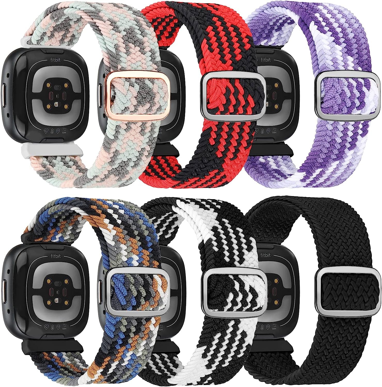 6 Packs Elastic Nylon Bands Compatible with Fitbit Versa 4 / Fitbit Sense 2 / Fitbit Versa 3 / Fitbit Sense, Adjustable Nylon Replacement Straps Wristband for Fitbit Versa 3/4 for Women Men  HUYIIO 6 Pack Braided 3  