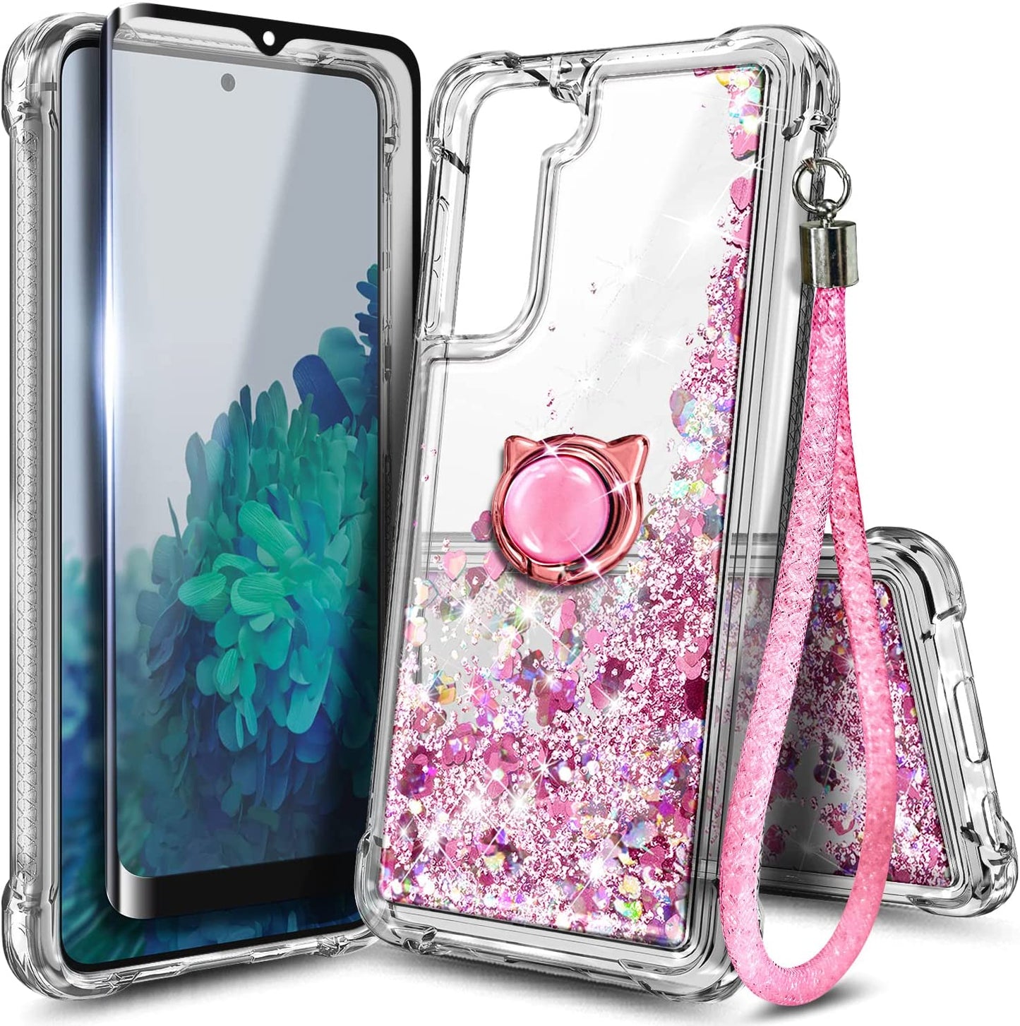 NGB Case for Samsung Galaxy S21 plus with Screen Protector (Maximum Coverage, Flexible TPU Film), Ring Holder, Girls Women Liquid Bling Sparkle Fashion Glitter Clear Cute Case (Pink/Aqua)  NGB Rose Gold  