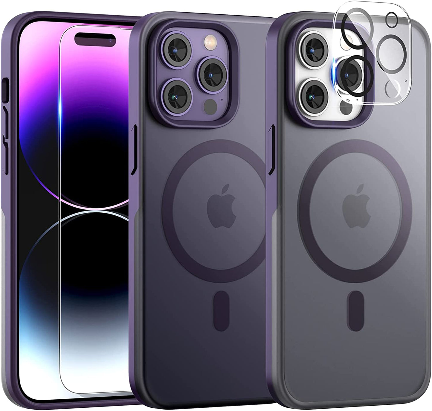 TAURI [5 in 1 Magnetic for Iphone 14 Case [Compatible with Magsafe] with 2 Screen Protector +2 Camera Lens Protector, [Military Grade Drop Protection] Translucent Matte Slim Case 6.1 Inch, Black  TAURI Purple iPhone 14 Pro Max 6.7" 