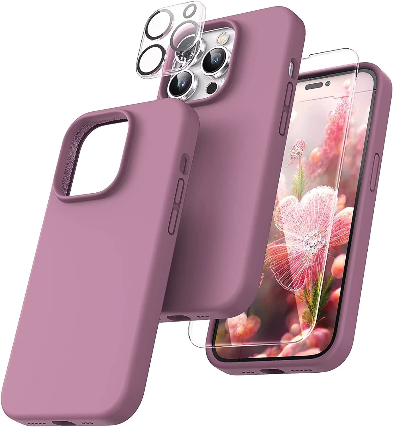 TOCOL [5 in 1 Designed for Iphone 14 Pro Case, with 2 Pack Screen Protector + 2 Pack Camera Lens Protector, Liquid Silicone Phone Case 6.1 Inch, [Anti-Scratch] [Drop Protection], Alpine Green  TOCOL Lilac Purple  