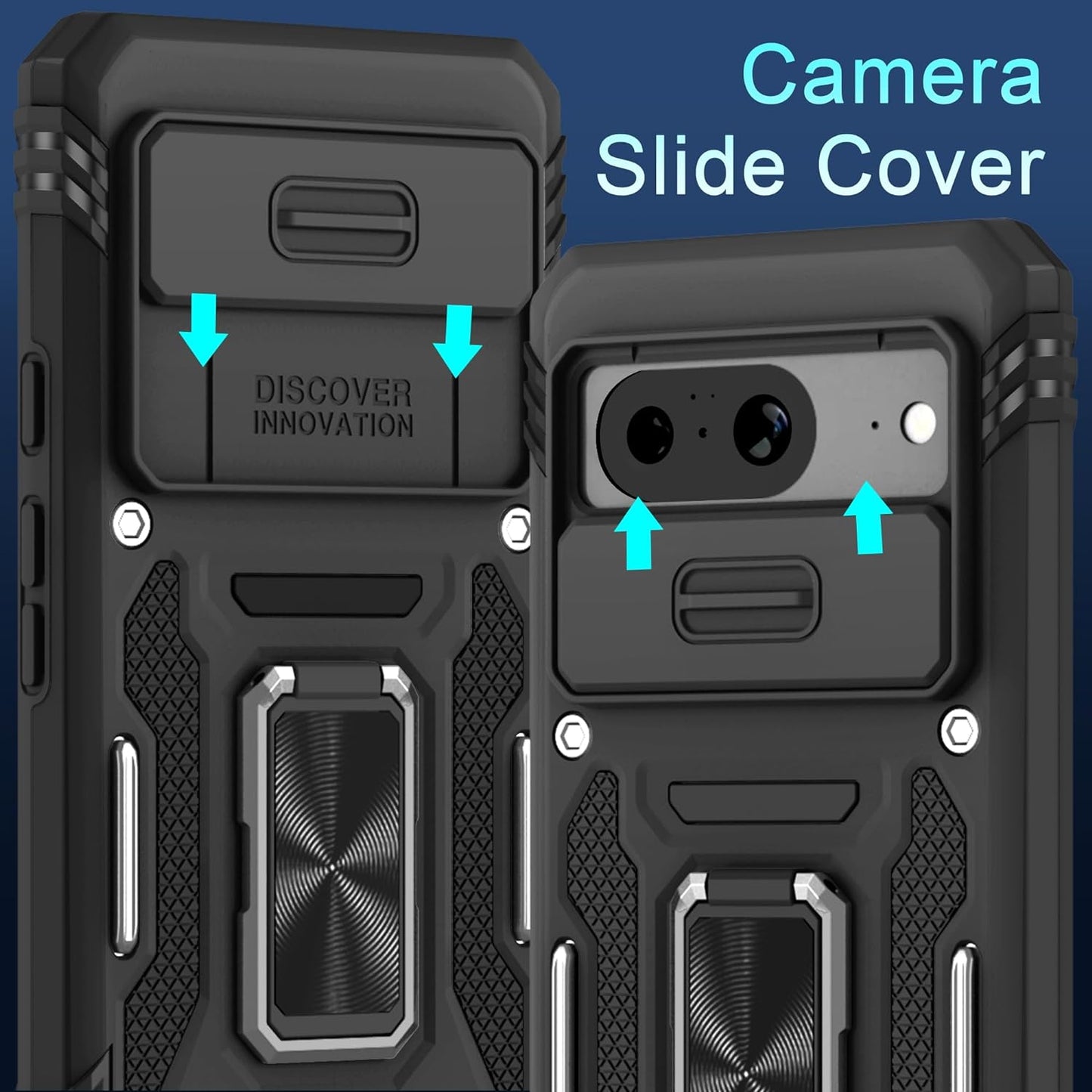 DEERLAMN for Google Pixel 8 Case with Slide Camera Cover+Screen Protector (1 Pack), Rotated Ring Kickstand Military Grade Shockproof Heavy Duty Protective Cover -Black  DEERLAMN   