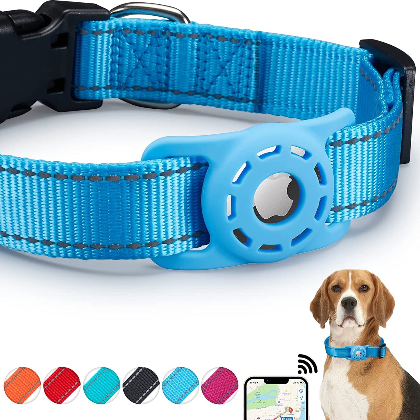 KONITY Reflective Airtag Dog Collar, Compatible with Apple Airtag, Nylon Pet Cat Puppy Collar with Silicone Airtag Holder for Small, Medium, Large, and Extra Large Dogs  Konity Blue XS: 8"-12" neck 