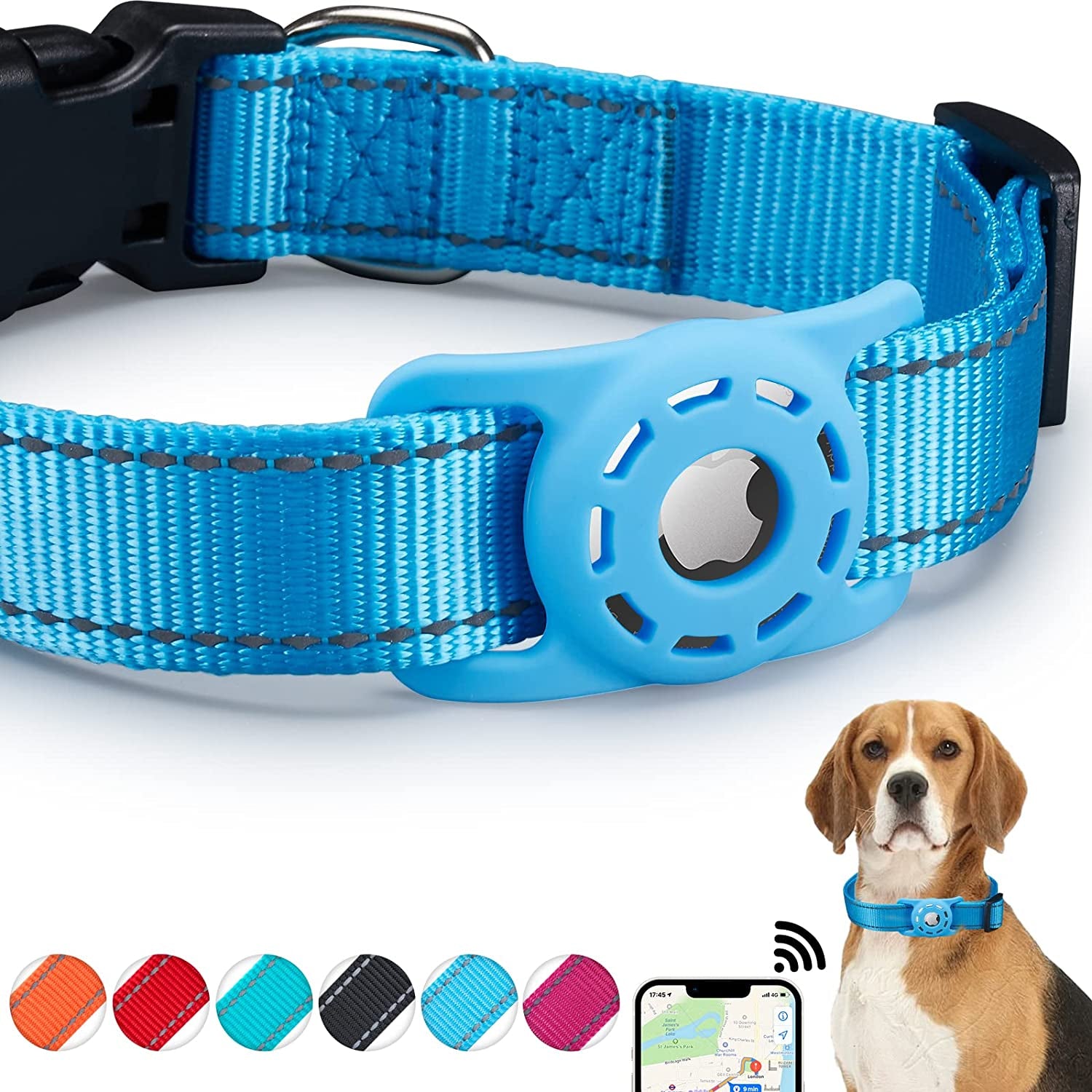 KONITY Reflective Airtag Dog Collar, Compatible with Apple Airtag, Nylon Pet Cat Puppy Collar with Silicone Airtag Holder for Small, Medium, Large, and Extra Large Dogs  Konity Blue XS: 8"-12" neck 