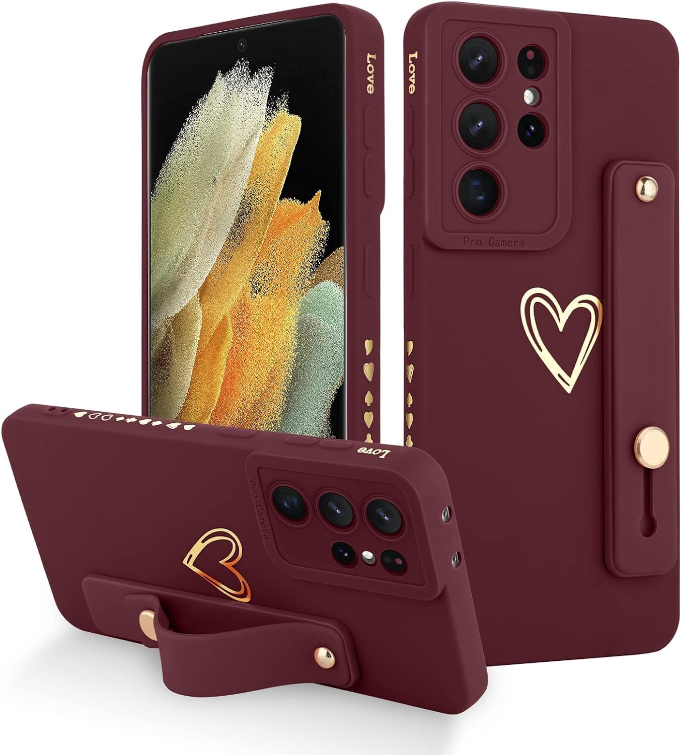 Fiyart Designed for Samsung Galaxy S21 Ultra Case with Phone Stand Holder Cute Love Hearts Protective Camera Protection Cover with Wrist Strap for Women Girls for Galaxy S21 Ultra 6.8"-Pink  Fiyart Wine Red  