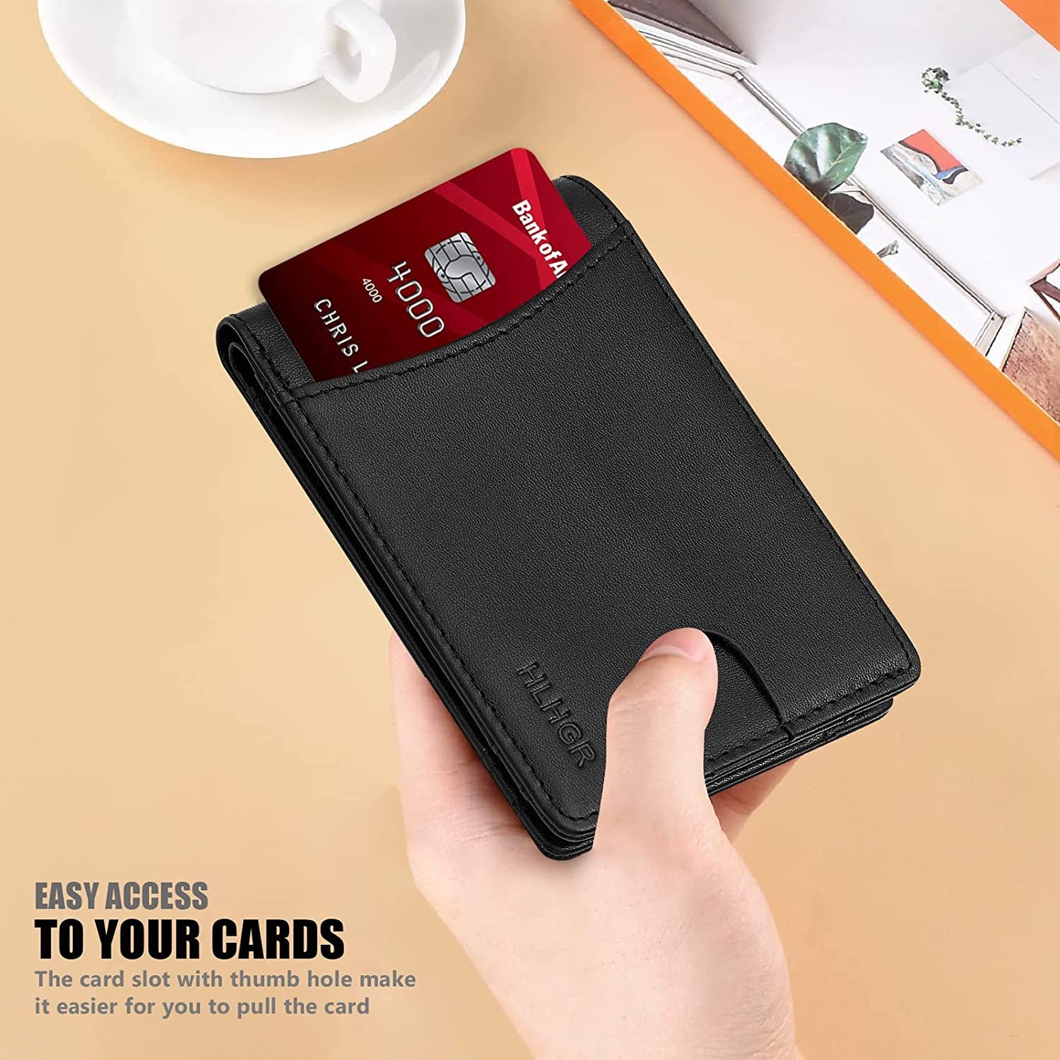 HLHGR Airtag Wallet Men Genuine Leather Cash Credit Card Bifold Wallet RFID Blocking with Airtag Case Holder Front Pocket for Apple Air Tag（ Airtag Not Inside） (Leather, Black)  HLHGR   