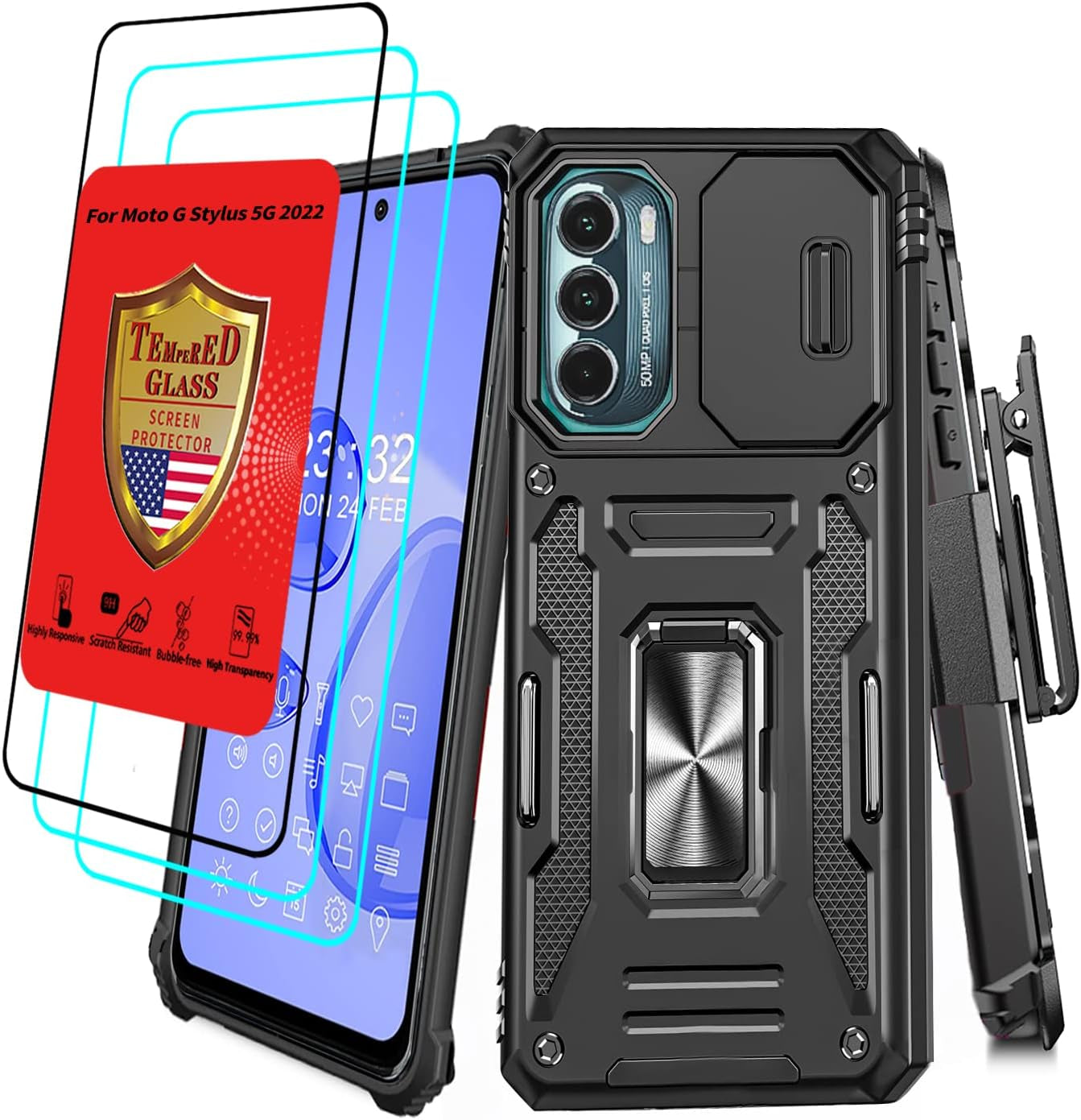 For Motorola Moto G Stylus 5G 2022 Case with Screen Protector Moto G Stylus 2022 5G Case with Belt Clip Military Grade Heavy Duty Moto G Stylus 5G 2022 Xt2215 Case Slide Camera Cover (RED)  YIJUN Black  