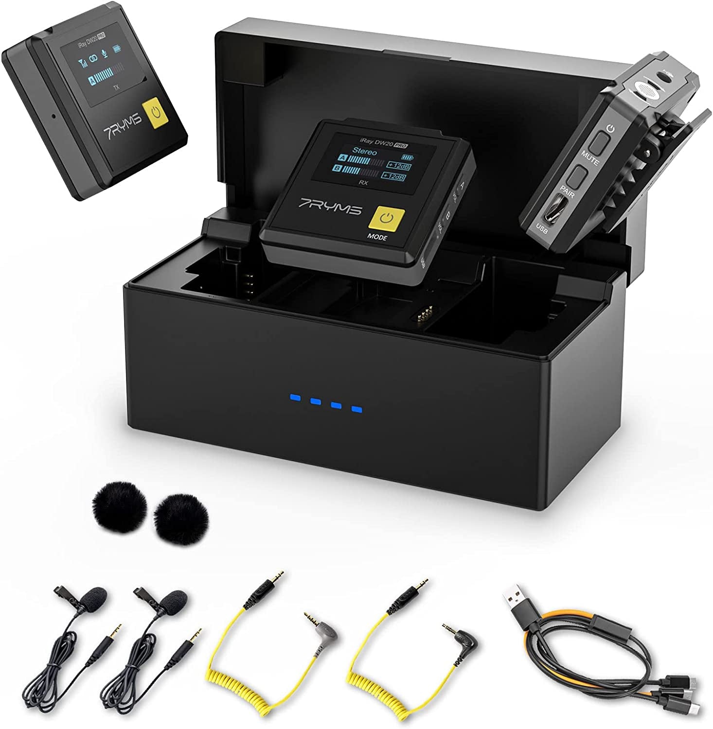 7RYMS 8G Onboard Recording Wireless-Lavalier-Microphone System Iray DW30 2.4G Dual-Channel Wireless Lapel Mic with Charging Case for Camera, Phone, Iphone, Computer, for Vlogging, Filming, Streaming  7RYMS with charging case  