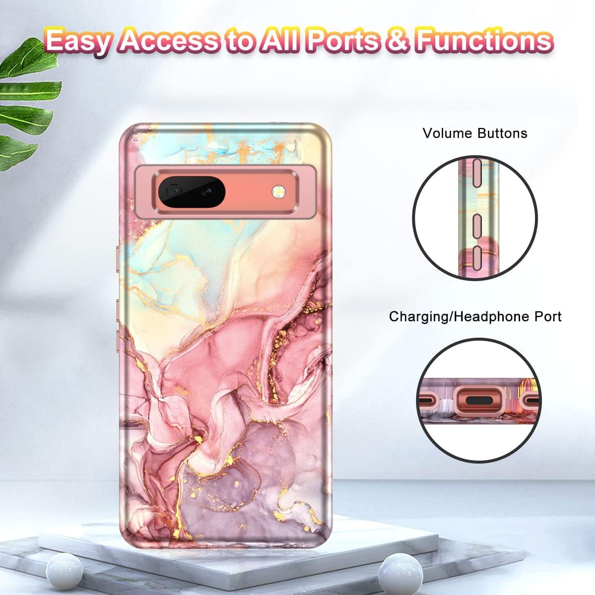 Btscase for Google Pixel 7A Case, [5 in 1] with 2 Pack Screen Protector + 2 Pack Camera Lens Protector, Marble Pattern Full Body Three Layer Rugged Shockproof Protective Cover (2023), Rose Gold  Btscase   