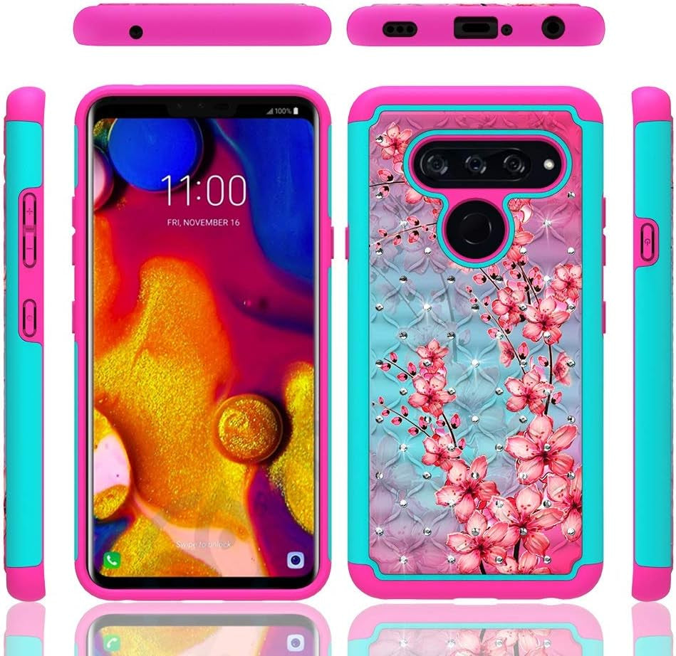 Zase Compatible with LG V40 Thinq Phone Case Hybrid Dual Layer Protection Jewel Studded Rhinestone Shockproof Slim Hard Shell Sparkly Crystal Bling Diamond (Teal Pink Blossom)  Zase   