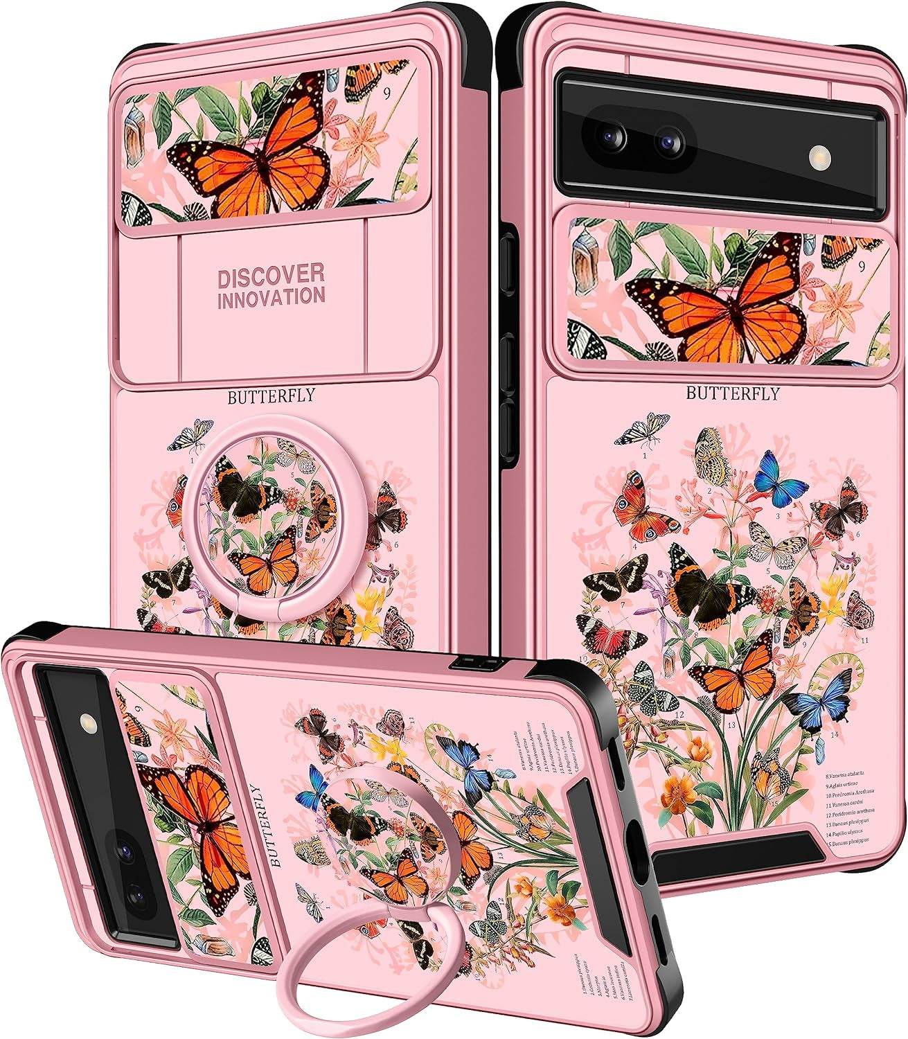 Funermei (2In1 for Google Pixel 6A Case for Women Cute Butterfly Girls Cover Girly Pretty Aesthetic Fashion White Butterfly Design with Camera Cover + Ring Stand Funda for Google Pixel 6A Phone Case  Funermei 1-Pink Butterfly  
