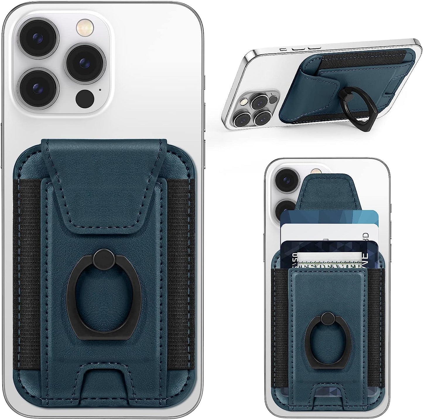 3-In-1 Magnetic Wallet with Phone Grip, Compatible with Magsafe Wallet and Phone Stand, Leather Privacy Flap, Magnetic Phone Wallet Holder with Phone Ring for Iphone 14/13/12 Series, 7 Cards, Black  ExtreLife Blue+Phone Grip  