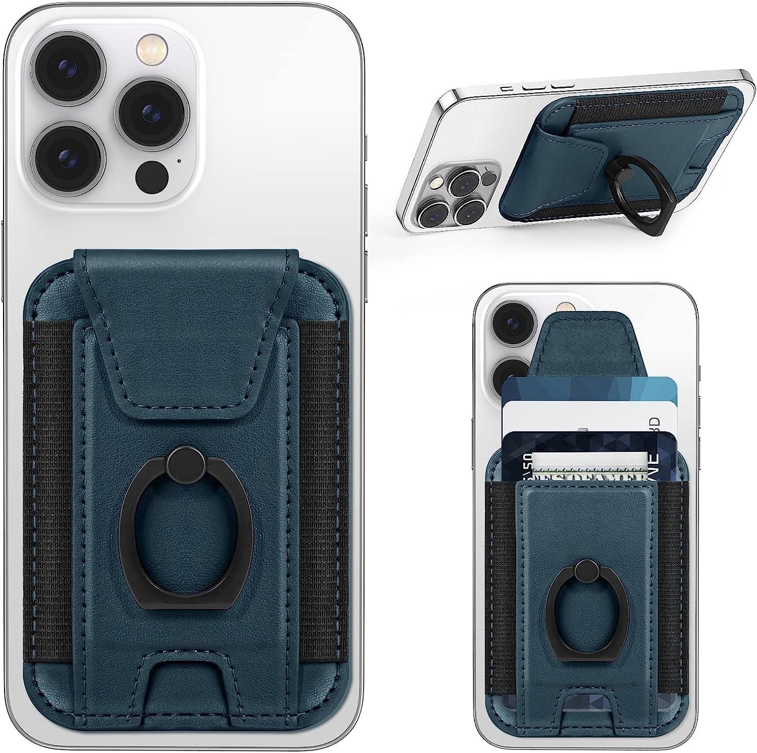 3-In-1 Magnetic Wallet with Phone Grip, Compatible with Magsafe Wallet and Phone Stand, Leather Privacy Flap, Magnetic Phone Wallet Holder with Phone Ring for Iphone 14/13/12 Series, 7 Cards, Black  ExtreLife Blue+Phone Grip  