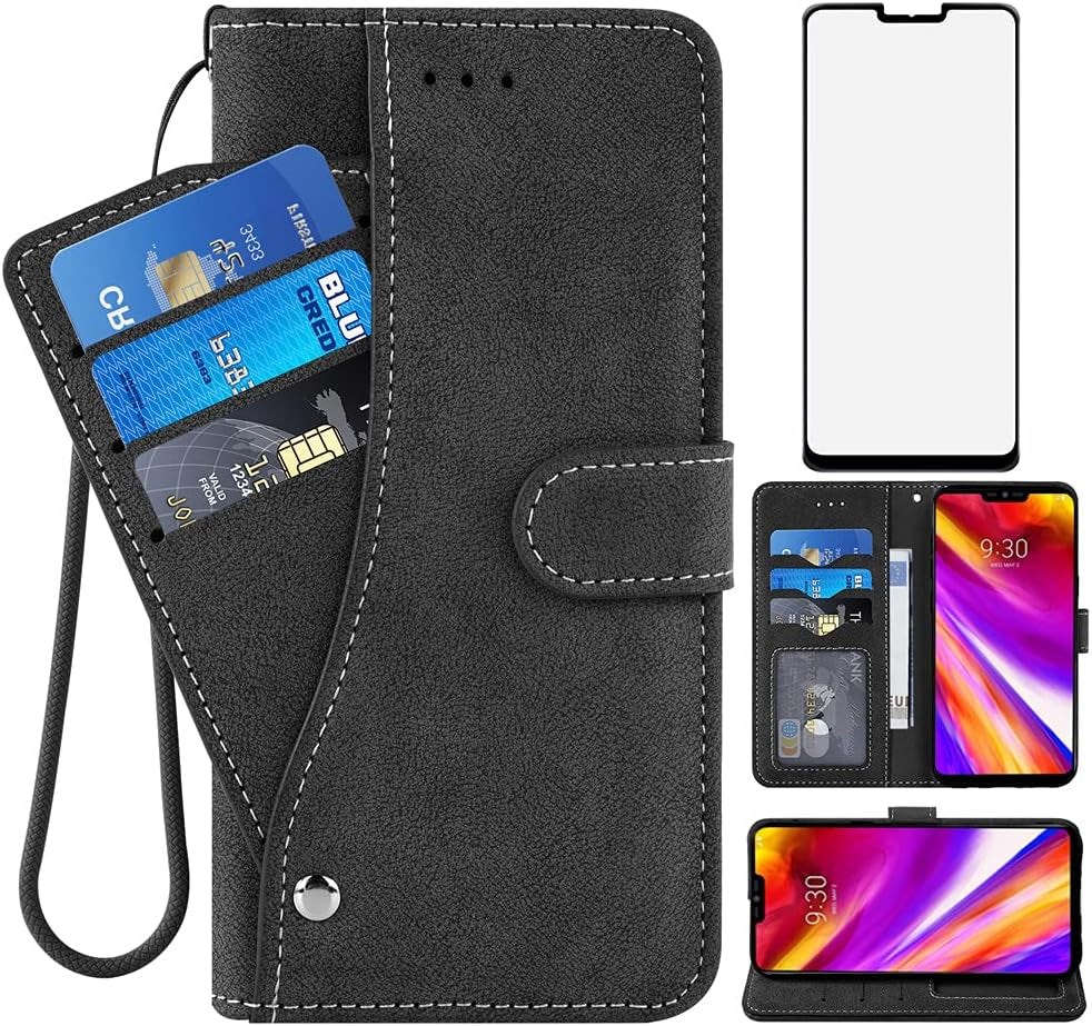 Compatible with LG G7 Thinq Wallet Case and Tempered Glass Screen Protector Flip Cover Credit Card Holder Cell Phone Cases for LGG7 One G 7 plus LG7 Fit Lg7Thinq 7G Thin Q G7+ G7Thinq Lgg7Thinq Blue  NSS Black  