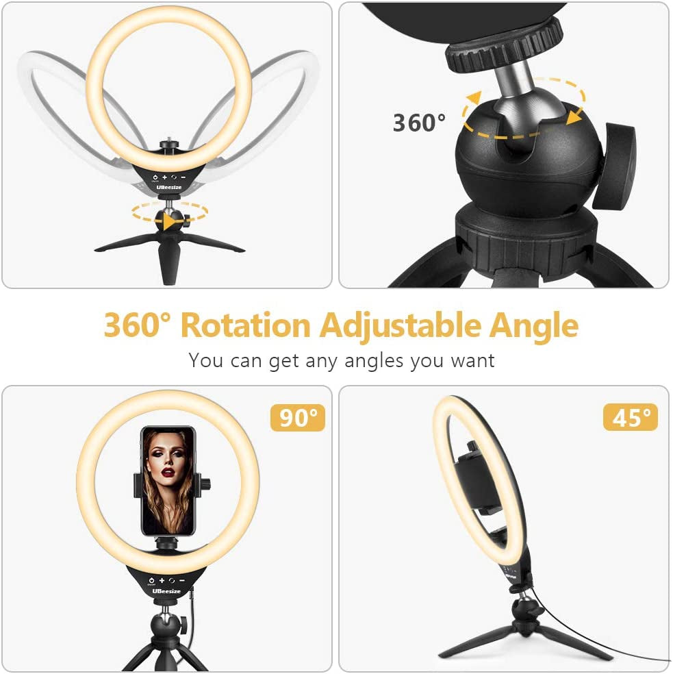 Ubeesize 10" Selfie Ring Light with Tripod Stand & Cell Phone Holder, Dimmable Desktop LED Circle Light for Live Streaming/Makeup/Youtube/Tik Tok, Compatible with Ios and Android Phones  UBeesize   