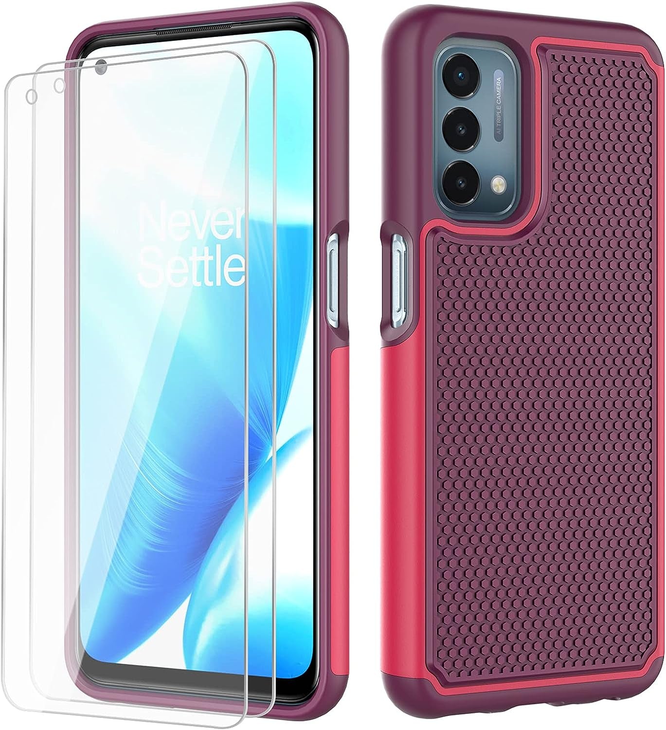 NTZW for Oneplus Nord N200 5G Case: Heavy Duty Shockproof Protective Phone Case [2 Tempered Glass Screen Protector] Anti-Slip Textured Hard Cover + Soft Silicone Bumper, Military Armor Case - Burgundy  yanshichuang   