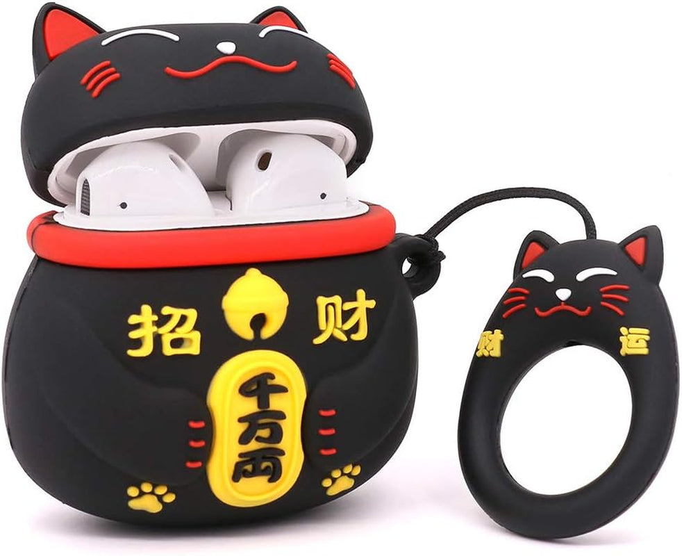 Yonocosta Cute Airpods Case, Airpods 2 Case, Fashion Funny 3D Cartoon Animals Black Lucky Cat Kitty Shaped Full Protection Shockproof Soft Silicone Charging Case Cover with Keychain for Airpods 1&2  Yonocosta Inc   