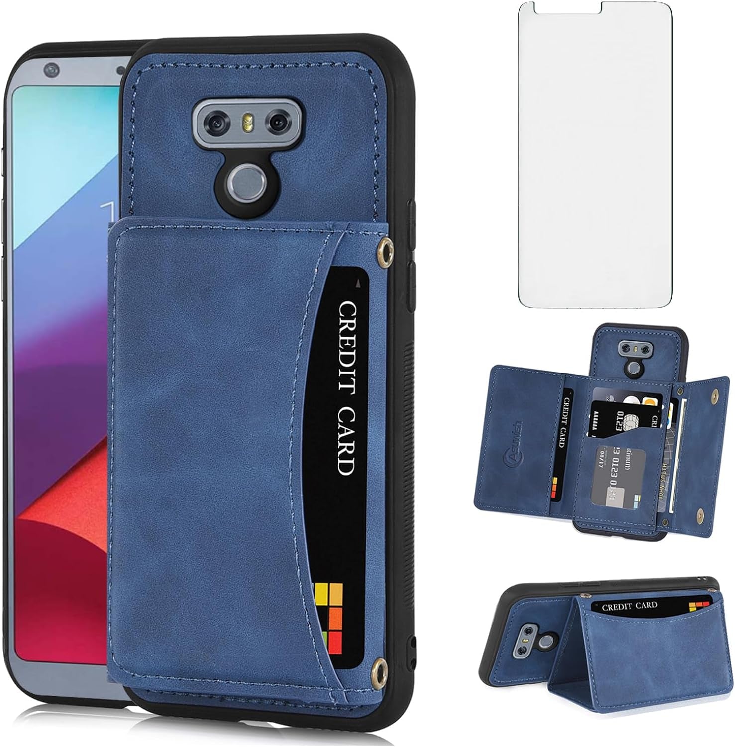 Asuwish Phone Case for LG G6 Wallet Cover with Tempered Glass Screen Protector and PU Leather Credit Card Holder Stand Cell Accessories LGG6 Thinq LG6 Thin Q G 6 plus G6+ 6G VS988 H872 Women Men Blue  Asuwish   