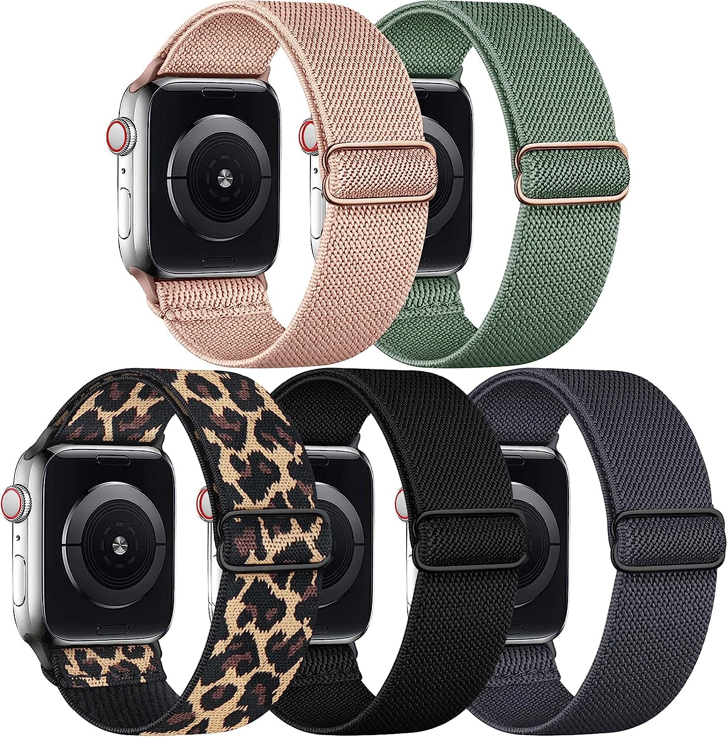 Cangroo 5 Pack Stretchy Nylon Bands Compatible with Apple Watch Band 38Mm 40Mm 41Mm 42Mm 44Mm 45Mm 49Mm for Women Men, Elastic Solo Loop Braided Wristbands for Iwatch SE Ultra Series 8 7 6 5 4 3 2 1  Cangroo Pink Sand/Cactus Green/Leopard/Black/Deep Grey 42mm/44mm/45mm/49mm 