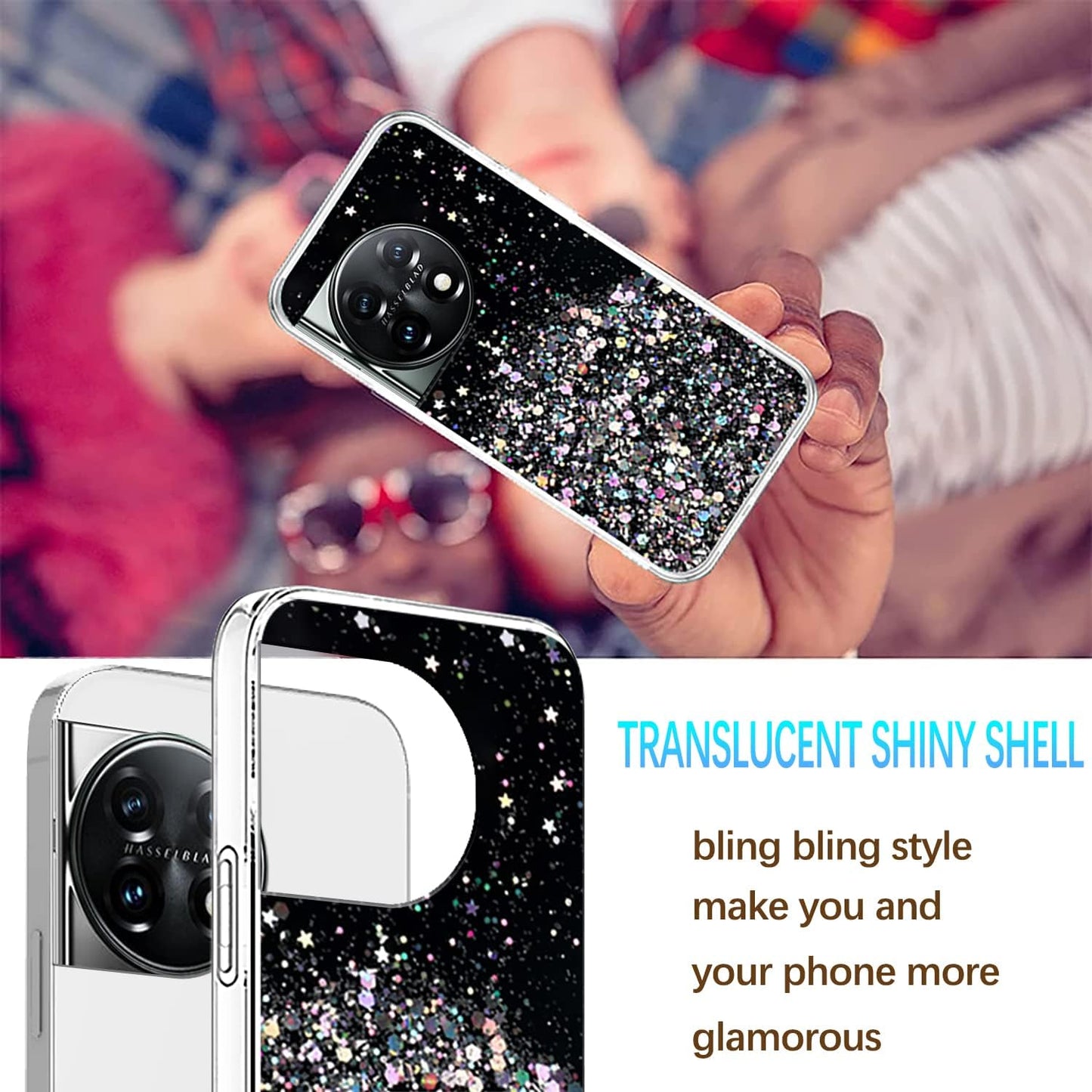 Compatible with Oneplus 11 Case Glitter Clear Green, Oneplus 11 Phone Case Silicone Transparent Soft TPU Women Girls Shockproof Protective Slim Cover (Black)  Wousunly   