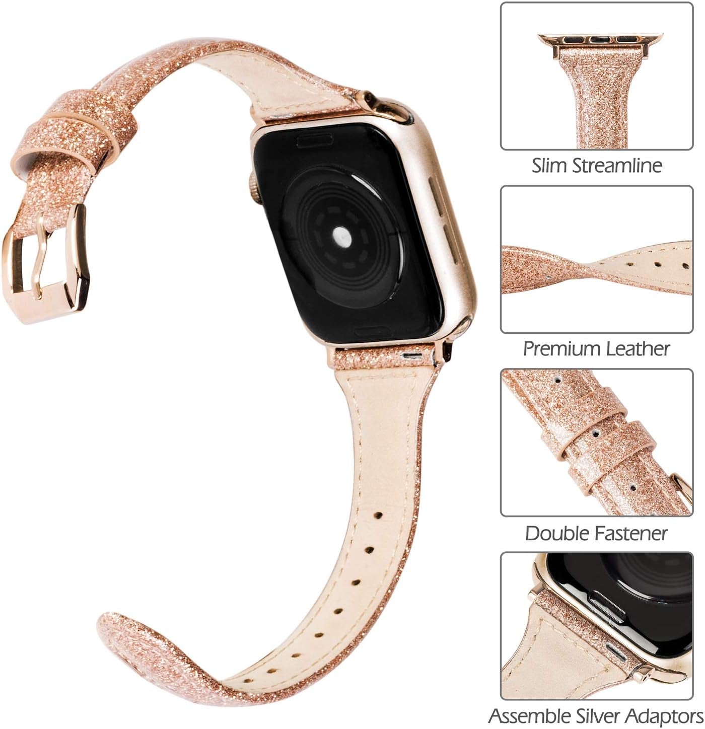 Wearlizer Rose Gold Leather Compatible with Apple Watch Leather Bands 38Mm 40Mm 41Mm Womens for Iwatch Series 8 7 6 5 4 3 2 1 SE Shiny Slim Smooth Wristband Bling Glitter Strap (Gold Clasp)  Wearlizer   