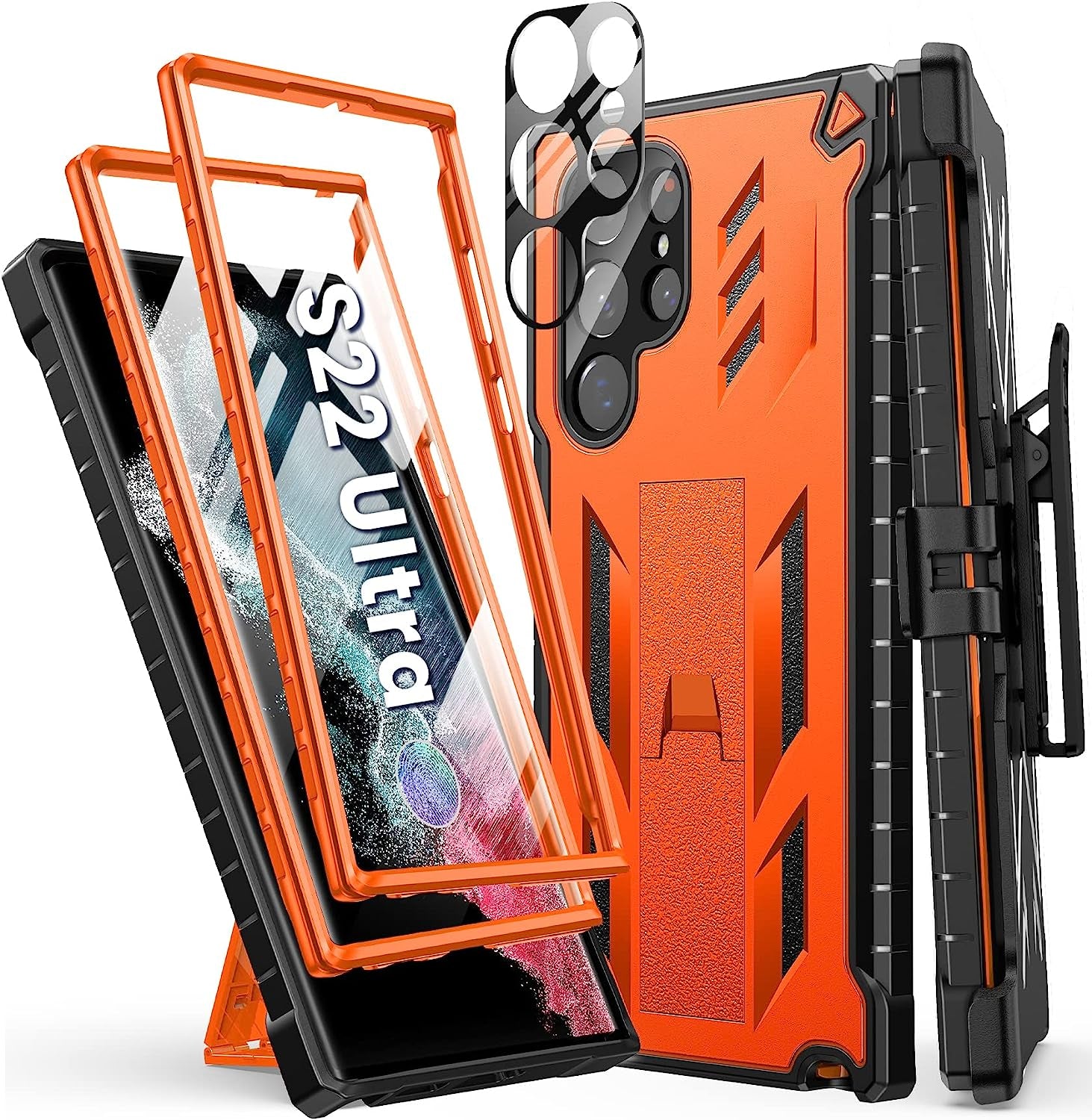 FNTCASE for Samsung Galaxy S22 Ultra Case: Built-In Screen Protector & Kickstand & Belt-Clip Holster, Extra Front Frame Full-Body Dual Layer Rugged Heavy Duty Shockproof Protective Phone Cover-Orange  FNTCASE   