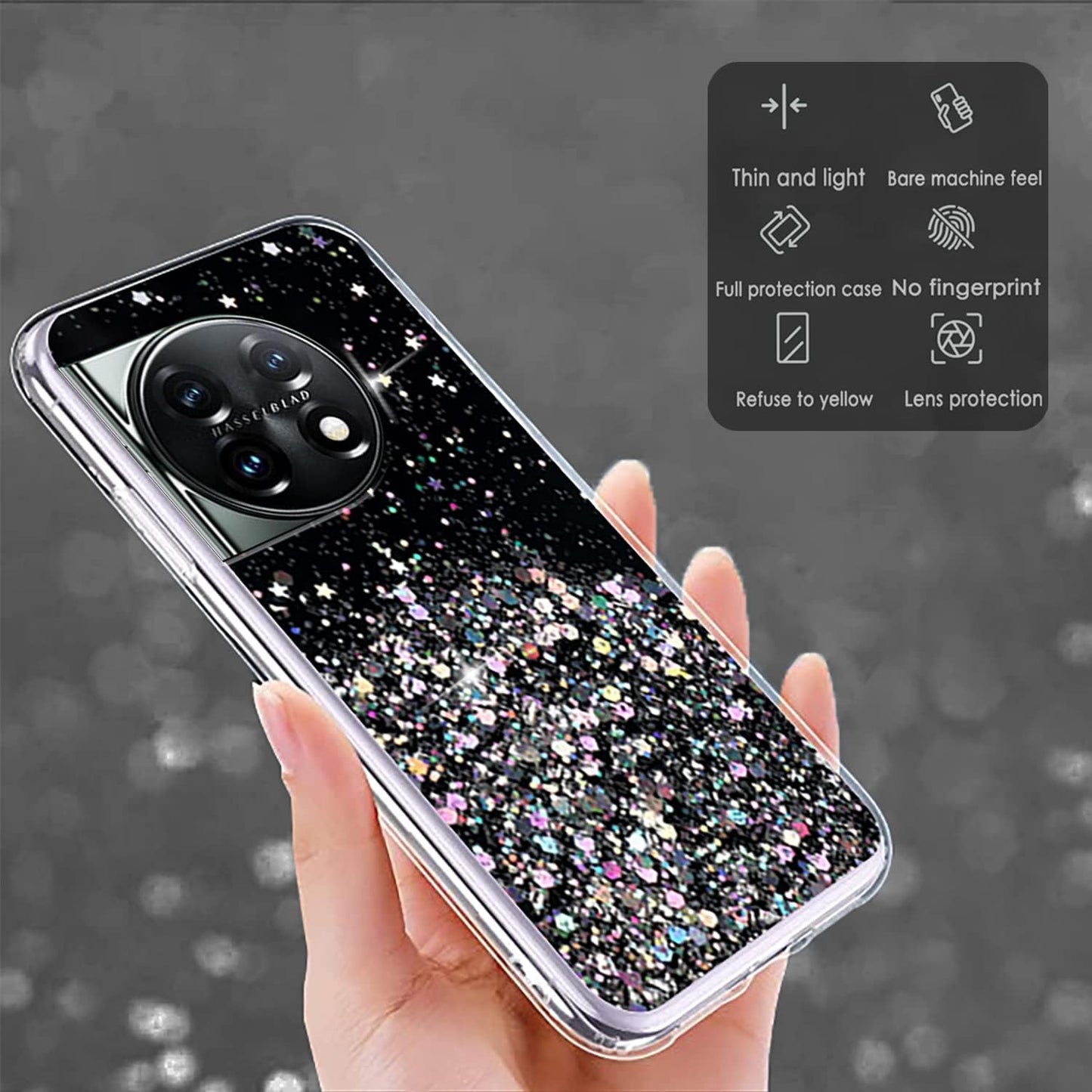 Compatible with Oneplus 11 Case Glitter Clear Green, Oneplus 11 Phone Case Silicone Transparent Soft TPU Women Girls Shockproof Protective Slim Cover (Black)  Wousunly   