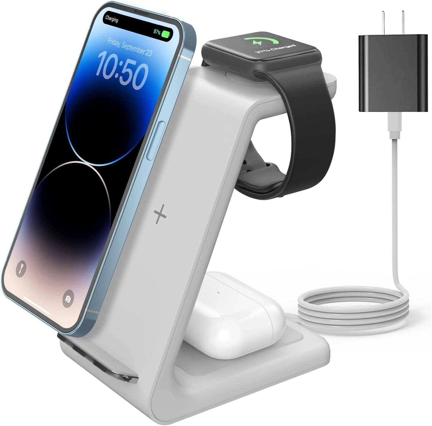 Joygeek Wireless Charging Station, Wireless Charger Stand, 3 in 1 Charging Station for Apple Iphone 14/13/12/11/SE/X/8 Series, Apple Watch Ultra/8/Se/7/6/3, Airpods Pro 2/3/2/Pro - White  JoyGeek Silver White  