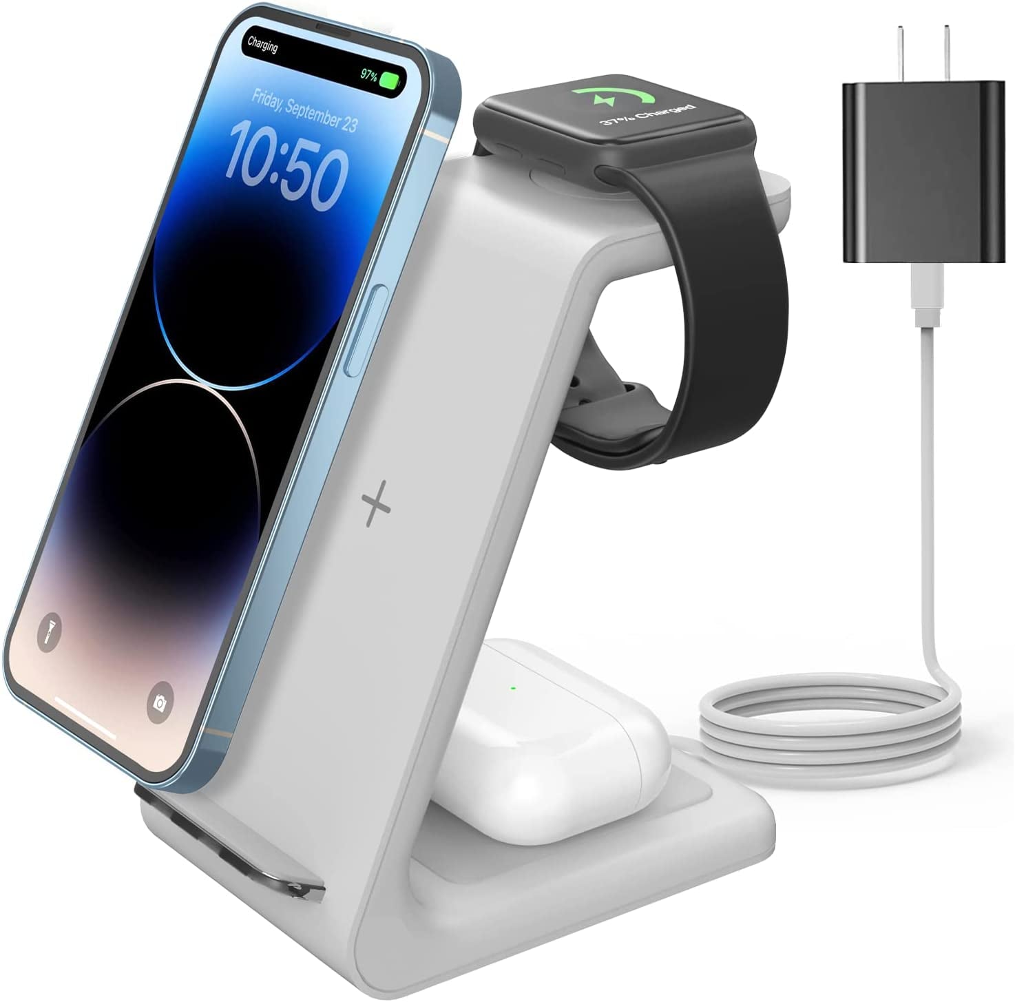 Joygeek Wireless Charging Station, Wireless Charger Stand, 3 in 1 Charging Station for Apple Iphone 14/13/12/11/SE/X/8 Series, Apple Watch Ultra/8/Se/7/6/3, Airpods Pro 2/3/2/Pro - White  JoyGeek Silver White  