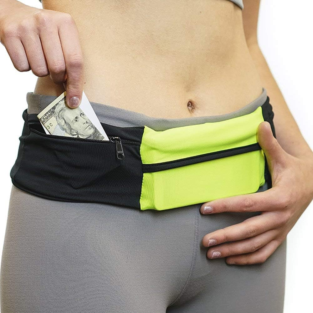 3 Pocket Adjustable Running Belt Waist Pack, Fanny Pack for Working Out with Sweat Resistant Backing, Holds All Iphone Models  Sprigs   
